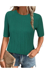 Arach&Cloz Women's Summer Fall Scalloped Lace Cuff Crewneck Tops Textured Shirts