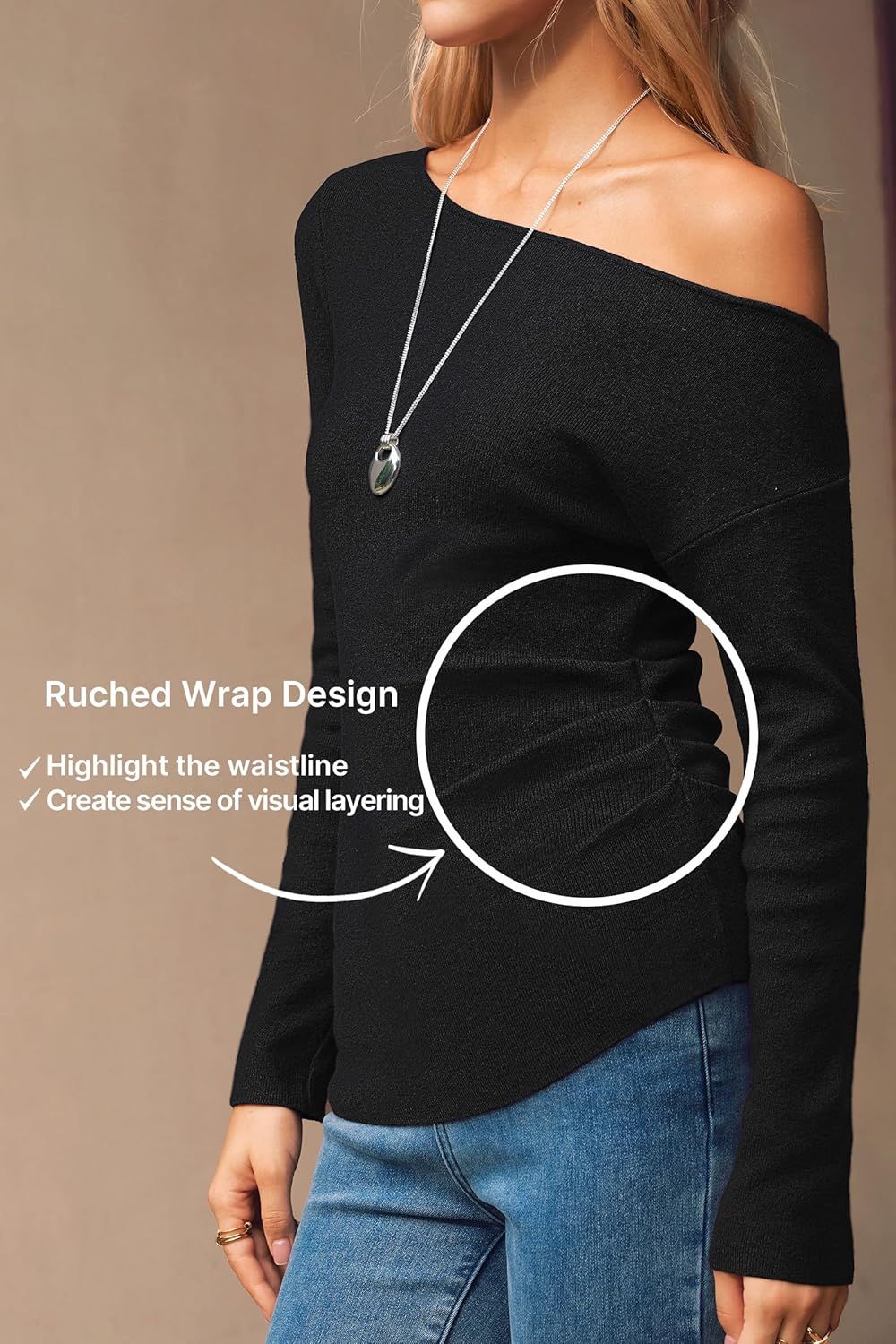 Arach&Cloz Women's Wool Blend Off The Shoulder Ruched Slim Fit Fall Sweaters 2025