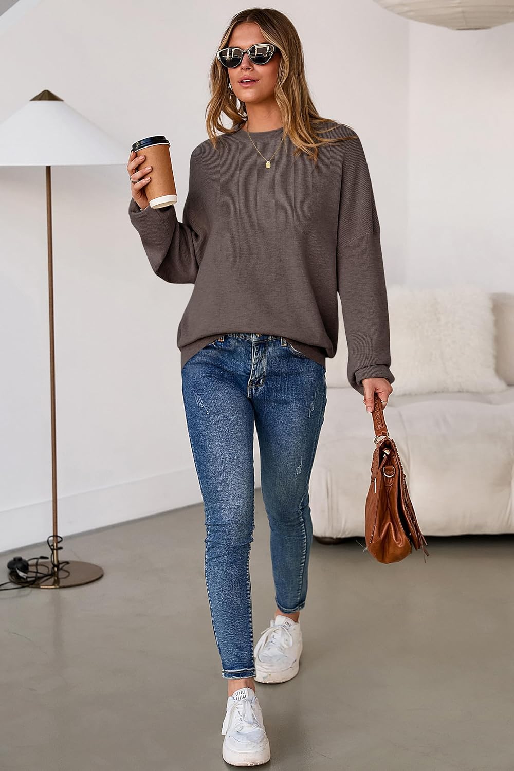 Arach&Cloz Women's Wool Blend Oversized Sweaters Crewneck Casual Fall Outfits Fashion Tops