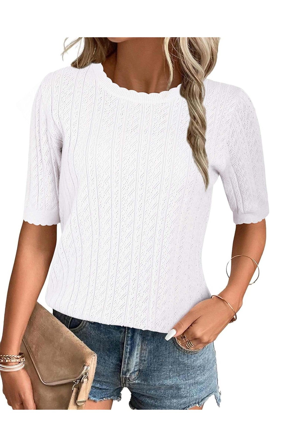 Arach&Cloz Scalloped-Cuff Crew-Neck Knit Top — product image 6