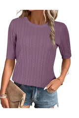 Arach&Cloz Women's Summer Fall Scalloped Lace Cuff Crewneck Tops Textured Shirts