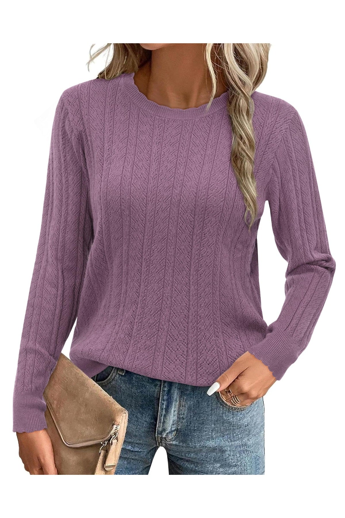 Arach&Cloz Women's Summer Fall Scalloped Lace Cuff Crewneck Tops Textured Shirts