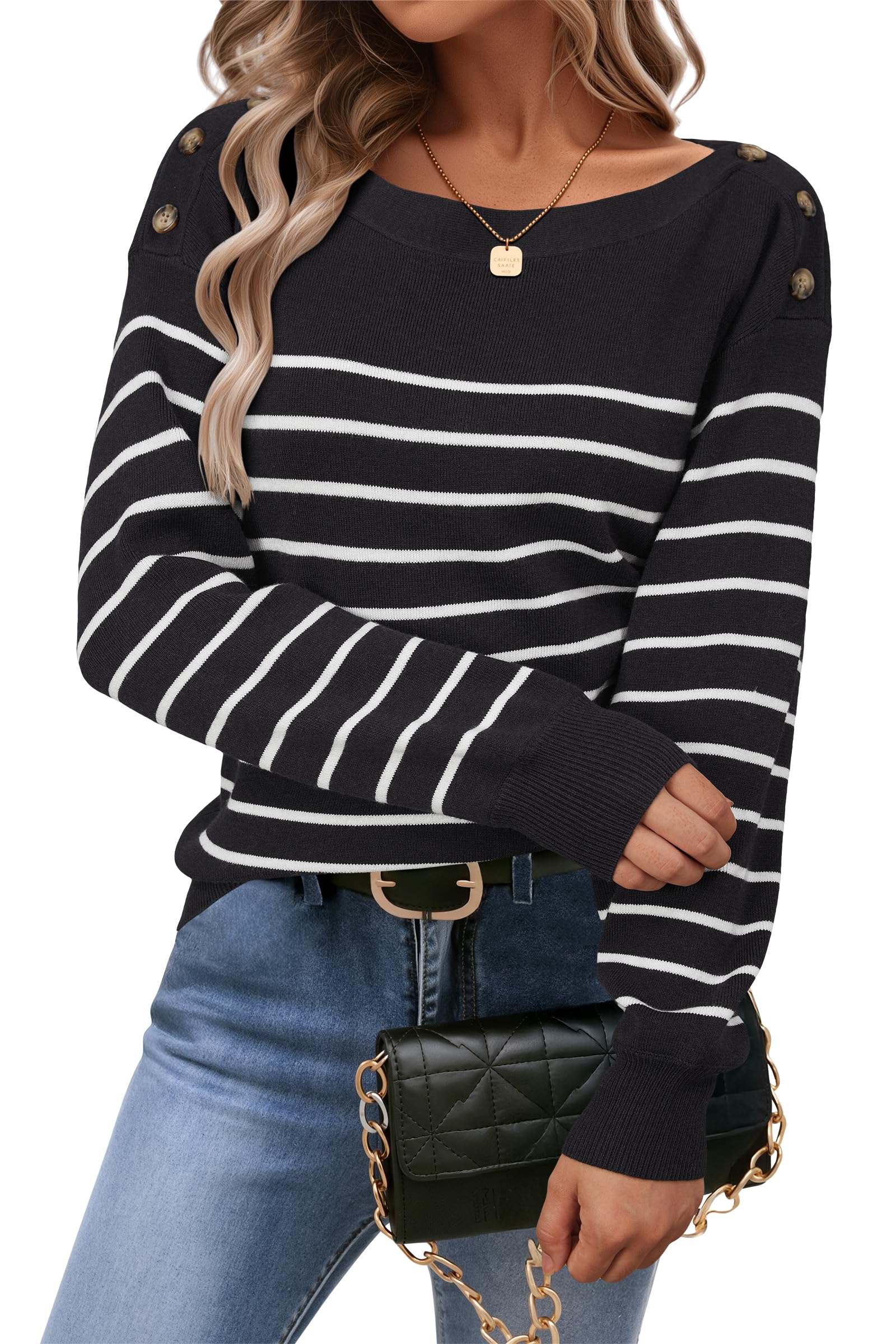 Arach&Cloz Women's Wool Blend Striped Boat Neck Fall Dressy Casual Sweater Tops 2025