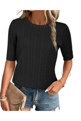Arach&Cloz Women's Summer Fall Scalloped Lace Cuff Crewneck Tops Textured Shirts