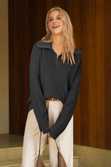 Arach&Cloz Women's Wool Blend Lapel Quarter Zip Fall Winter Trendy Casual Oversized Fit Sweater Top