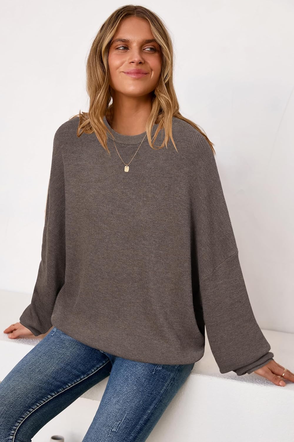 Arach&Cloz Women's Wool Blend Oversized Sweaters Crewneck Casual Fall Outfits Fashion Tops