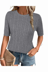 Arach&Cloz Women's Summer Fall Scalloped Lace Cuff Crewneck Tops Textured Shirts