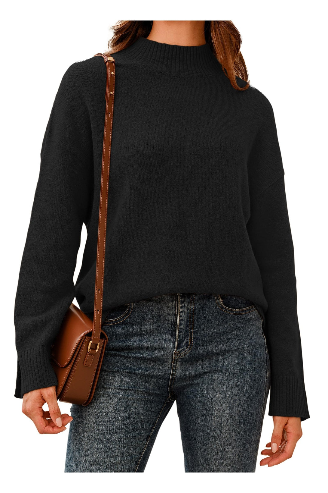 Arach&Cloz Women's Wool Blend Soft Mock Neck Casual Oversized Fall Sweater