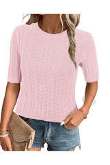 Arach&Cloz Women's Summer Fall Scalloped Lace Cuff Crewneck Tops Textured Shirts