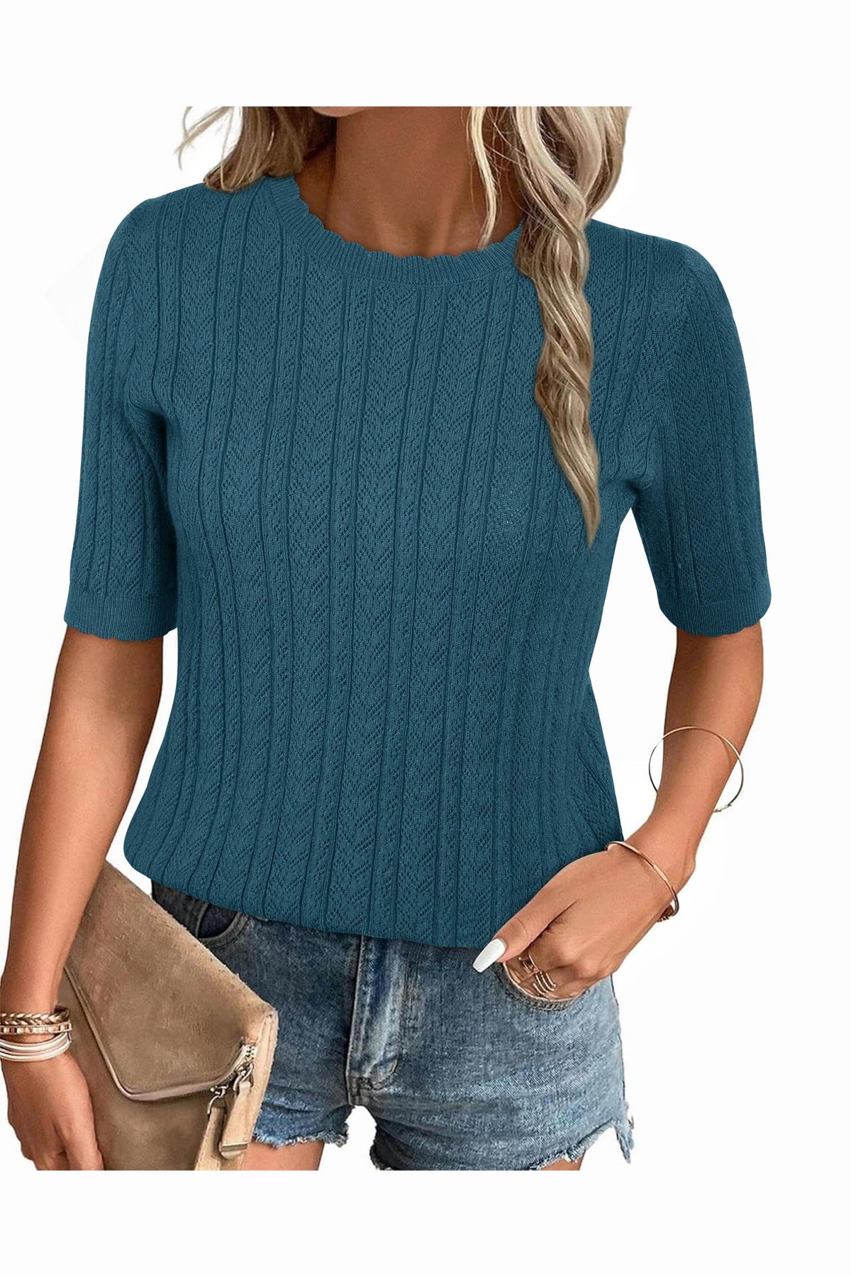 Arach&Cloz Scalloped-Cuff Crew-Neck Knit Top — product image 8