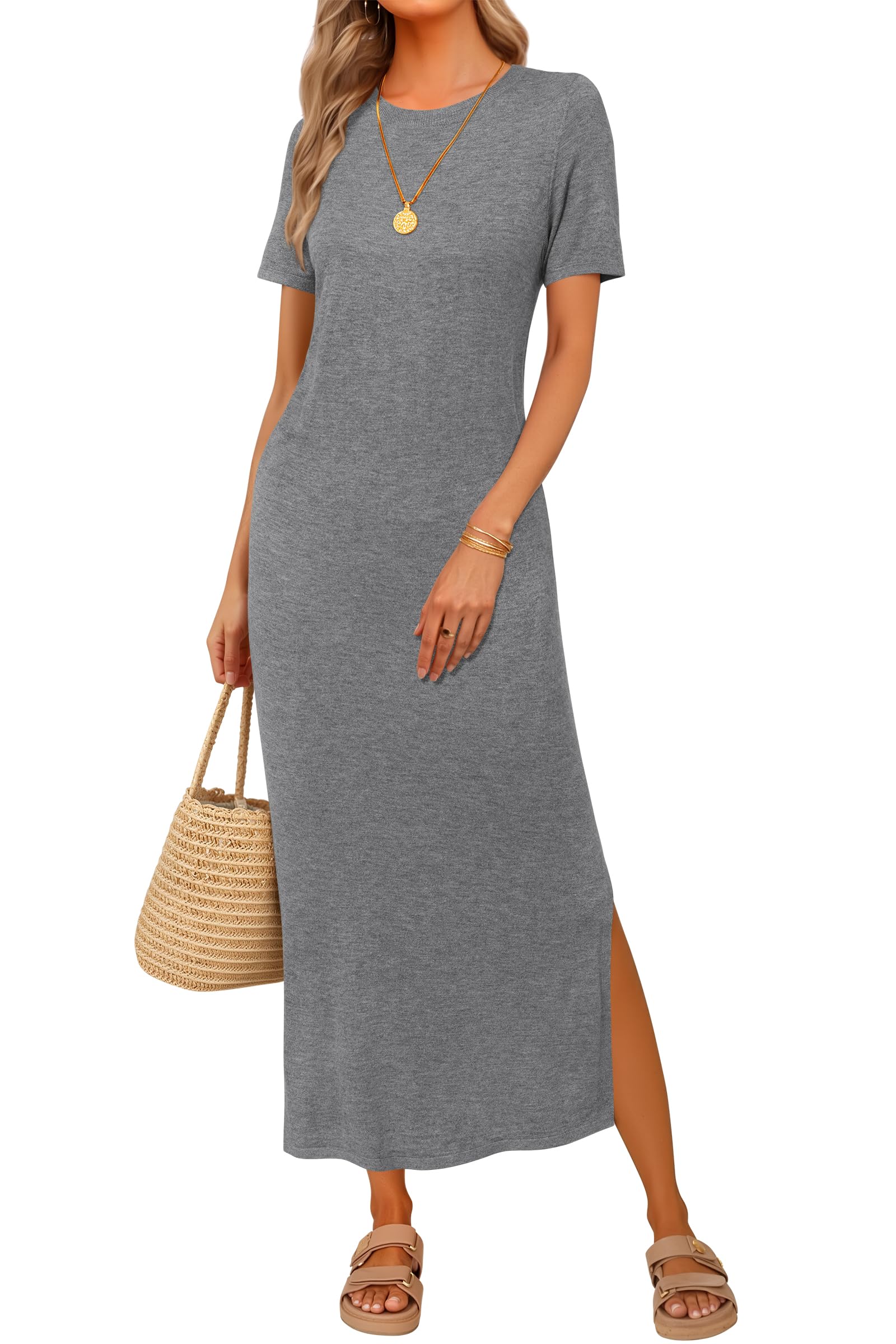 Arach&Cloz Women's Wool Blend Lightweight Fall Casual T Shirts Maxi Dress 2025