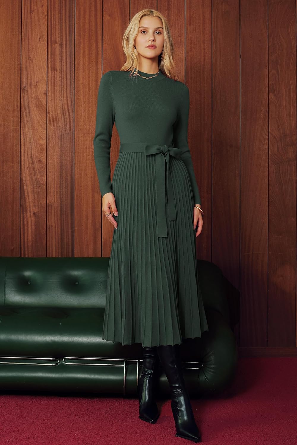 Arach&Cloz Women's Wool Blend Mock Neck Tie Waist Fall Winter Pleated Sweater Dress 2025