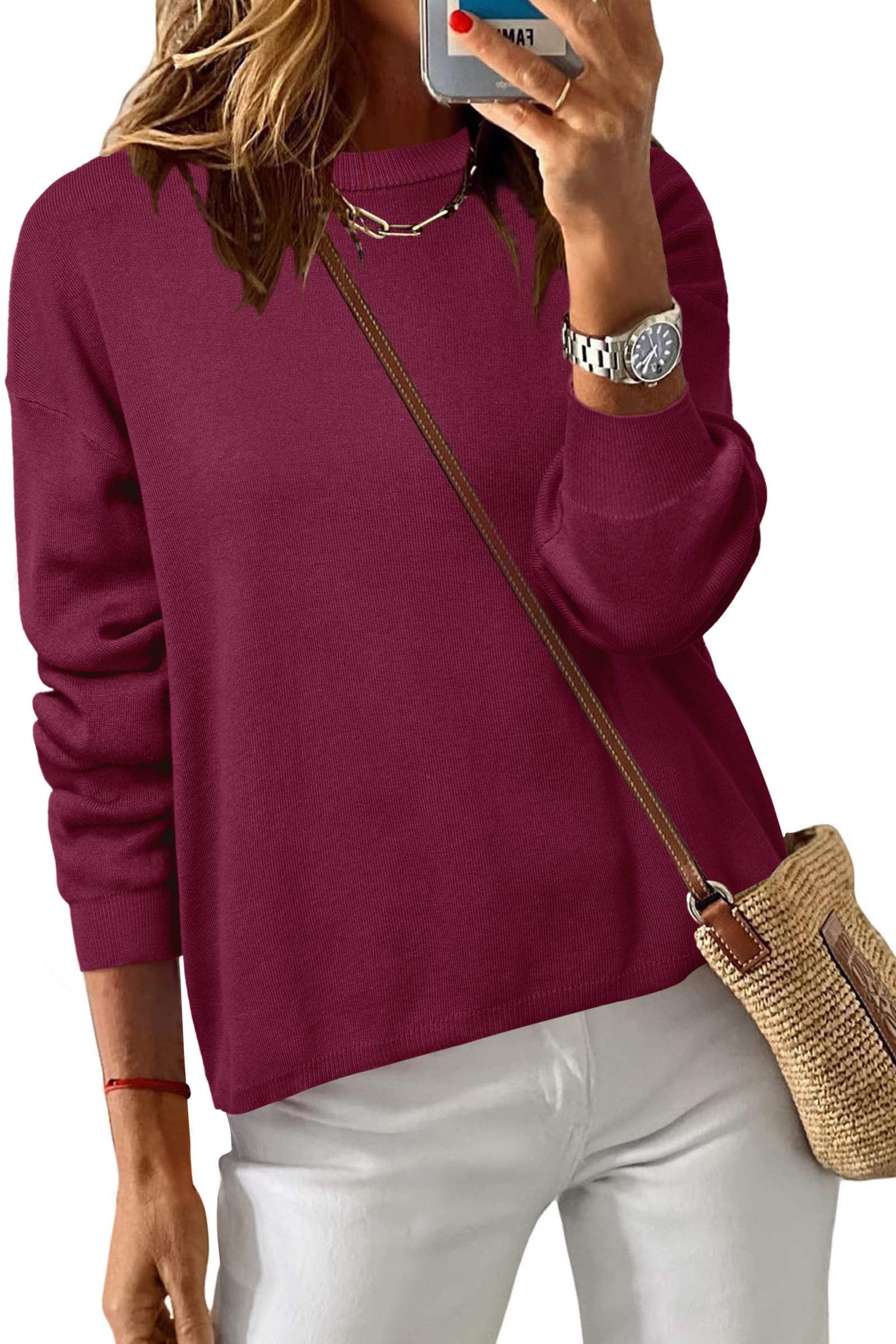Arach&Cloz Women's 100% Cotton Crew Neck Fall Casual Relaxed Fit Sweater Tops 2025