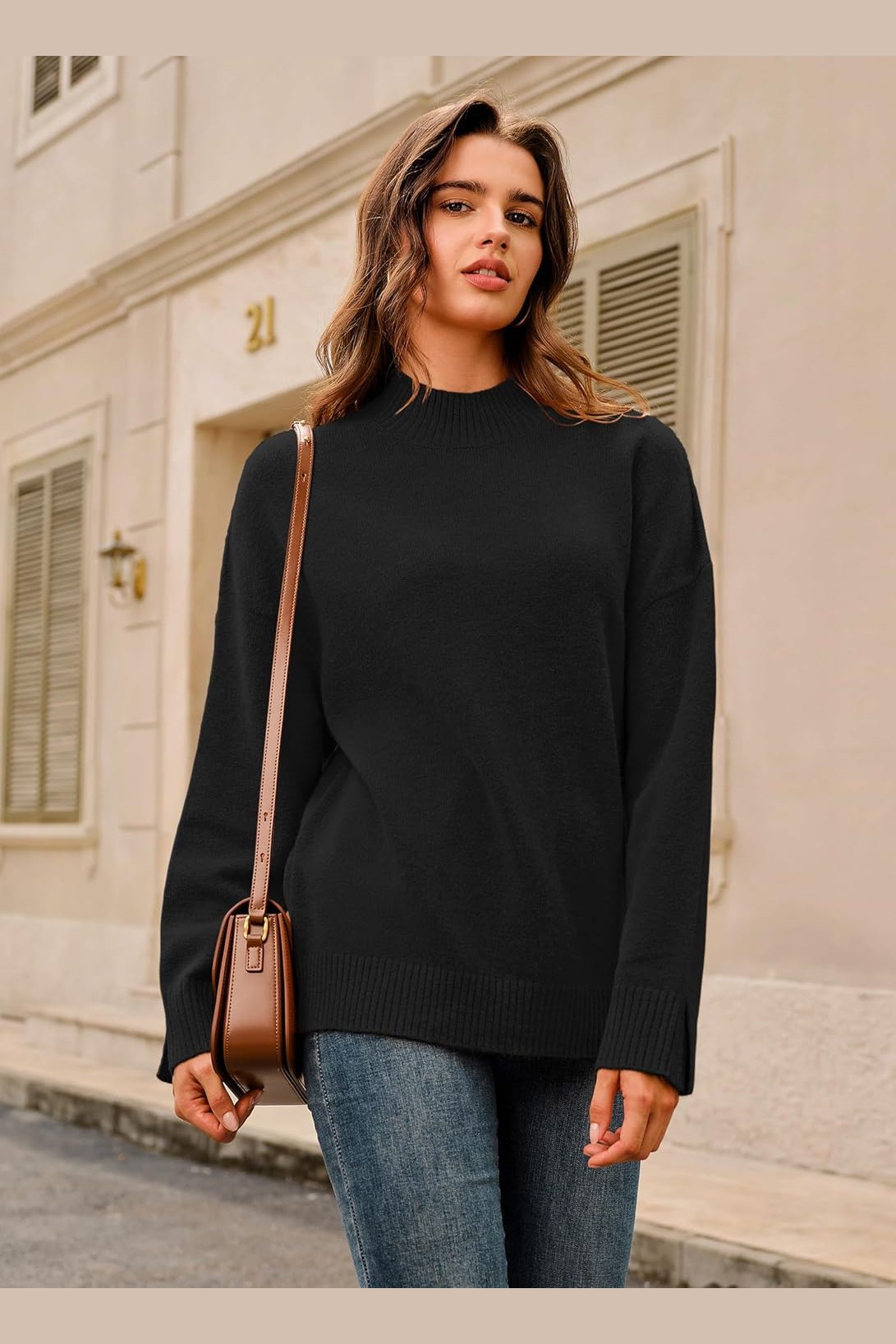 Arach&Cloz Women's Wool Blend Soft Mock Neck Casual Oversized Fall Sweater