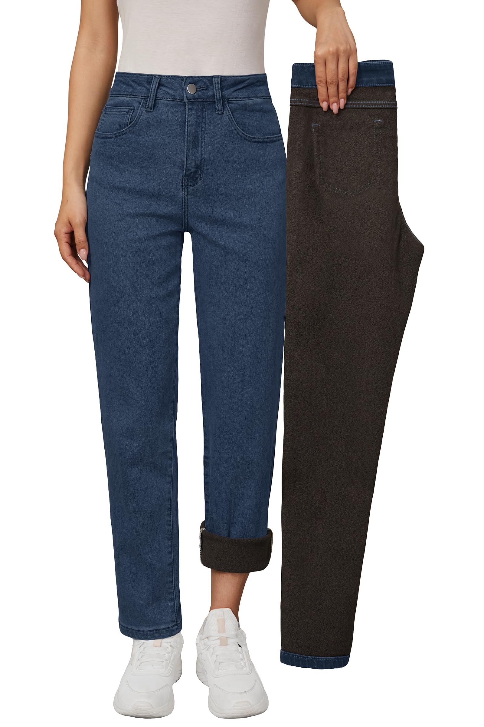 Arach&Cloz Women's Thin Fleece Lined Jeans High Waisted Stretch Warm Straight Leg Pants 2025