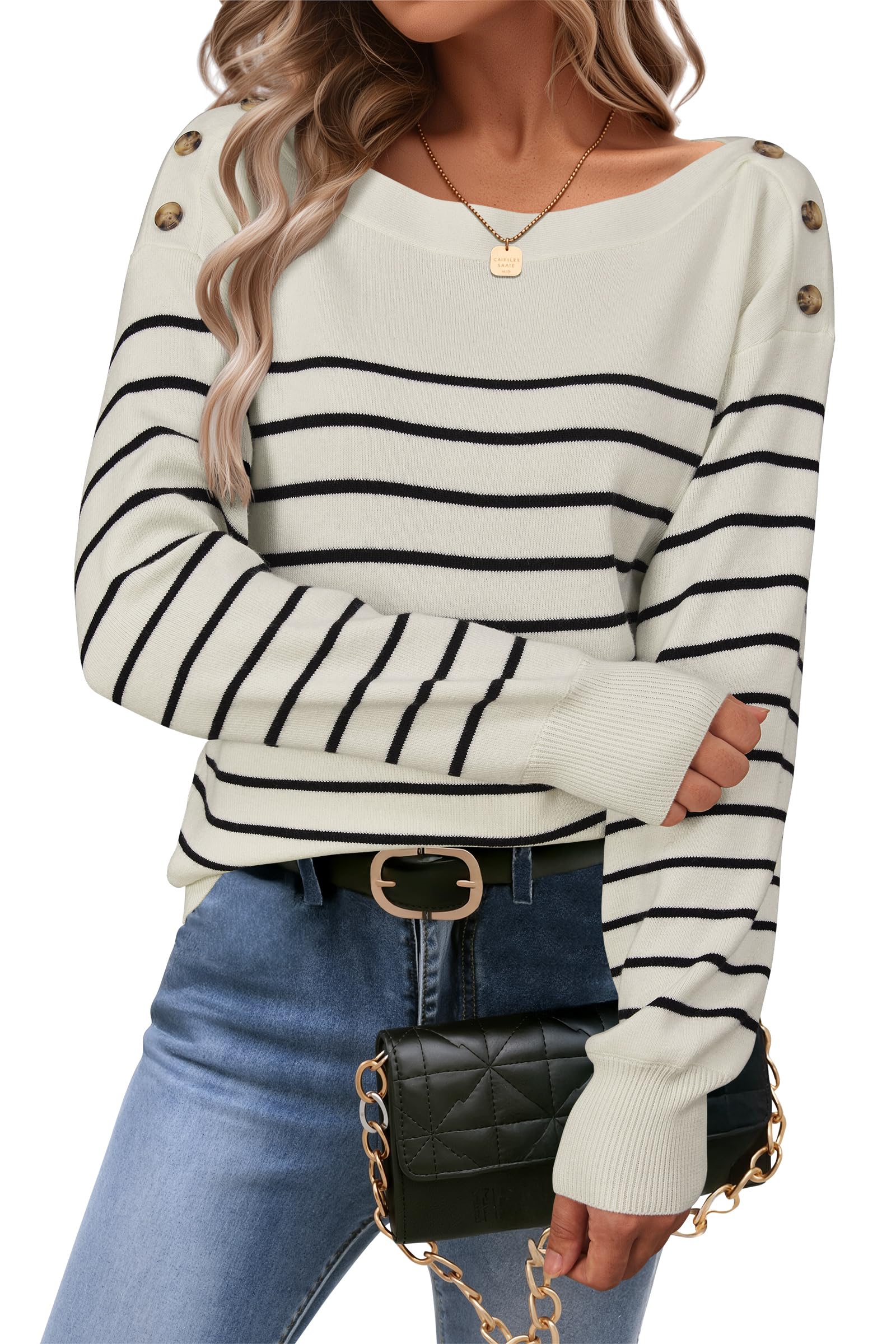 Arach&Cloz Women's Wool Blend Striped Boat Neck Fall Dressy Casual Sweater Tops 2025