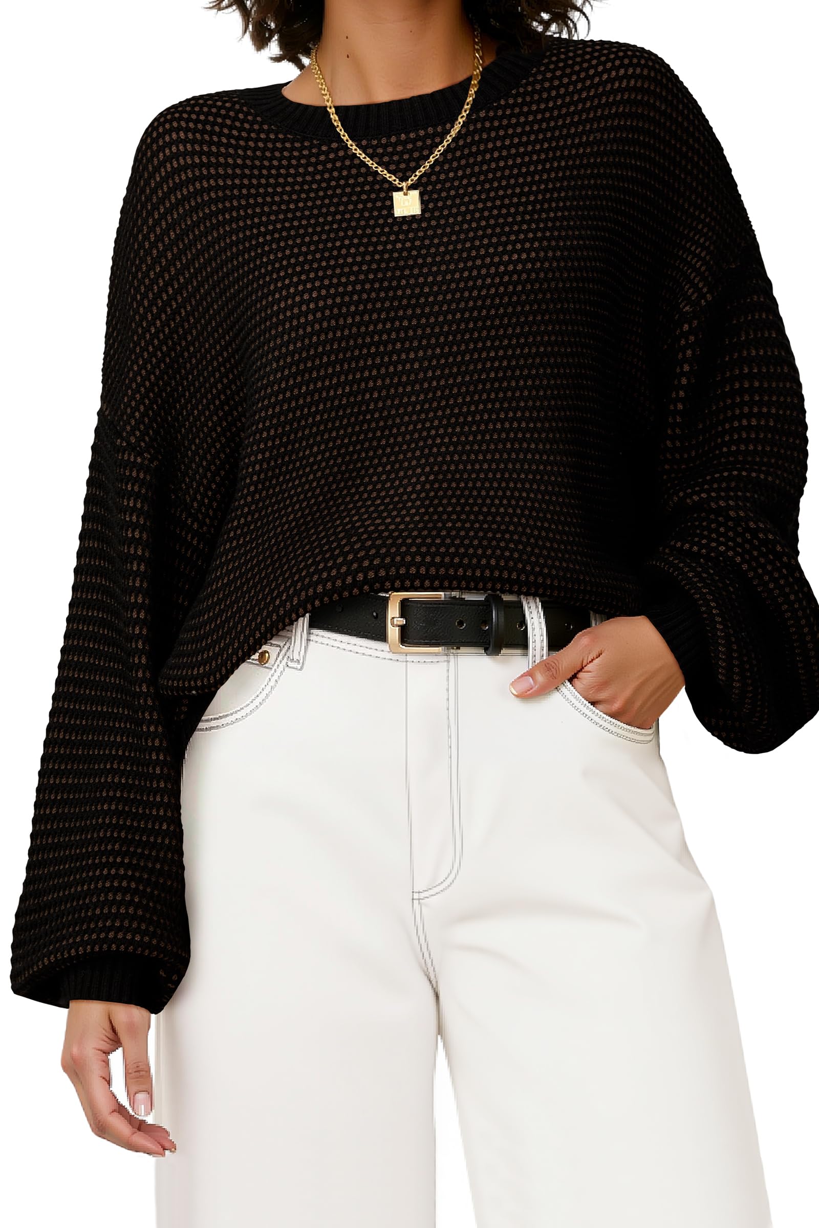 Arach&Cloz Women's Wool Blend Crewneck Fall Trendy Oversized Waffle Sweaters 2025