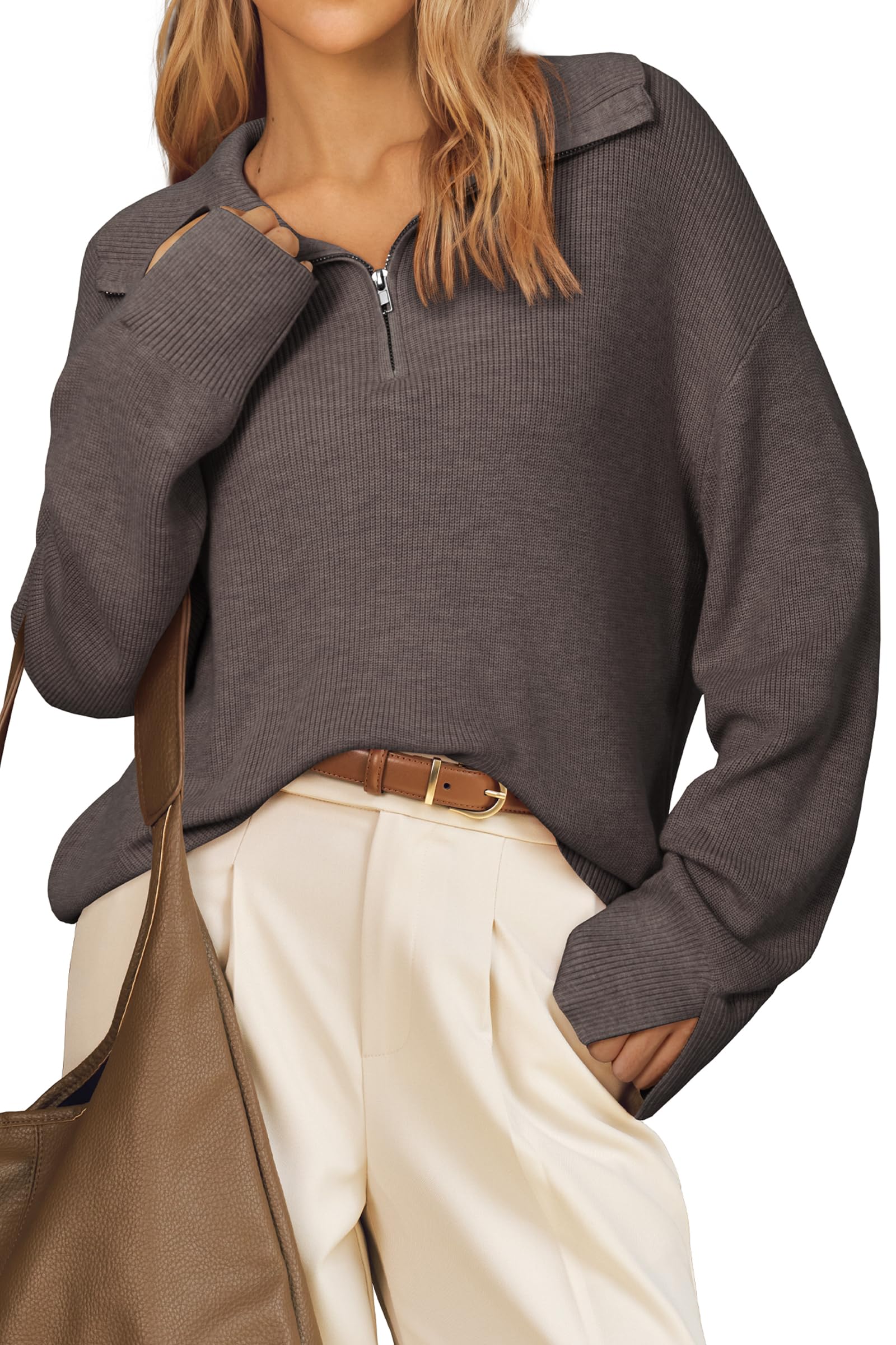 Arach&Cloz Women's Wool Blend Lapel Quarter Zip Fall Winter Trendy Casual Oversized Fit Sweater Top