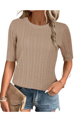 Arach&Cloz Women's Summer Fall Scalloped Lace Cuff Crewneck Tops Textured Shirts