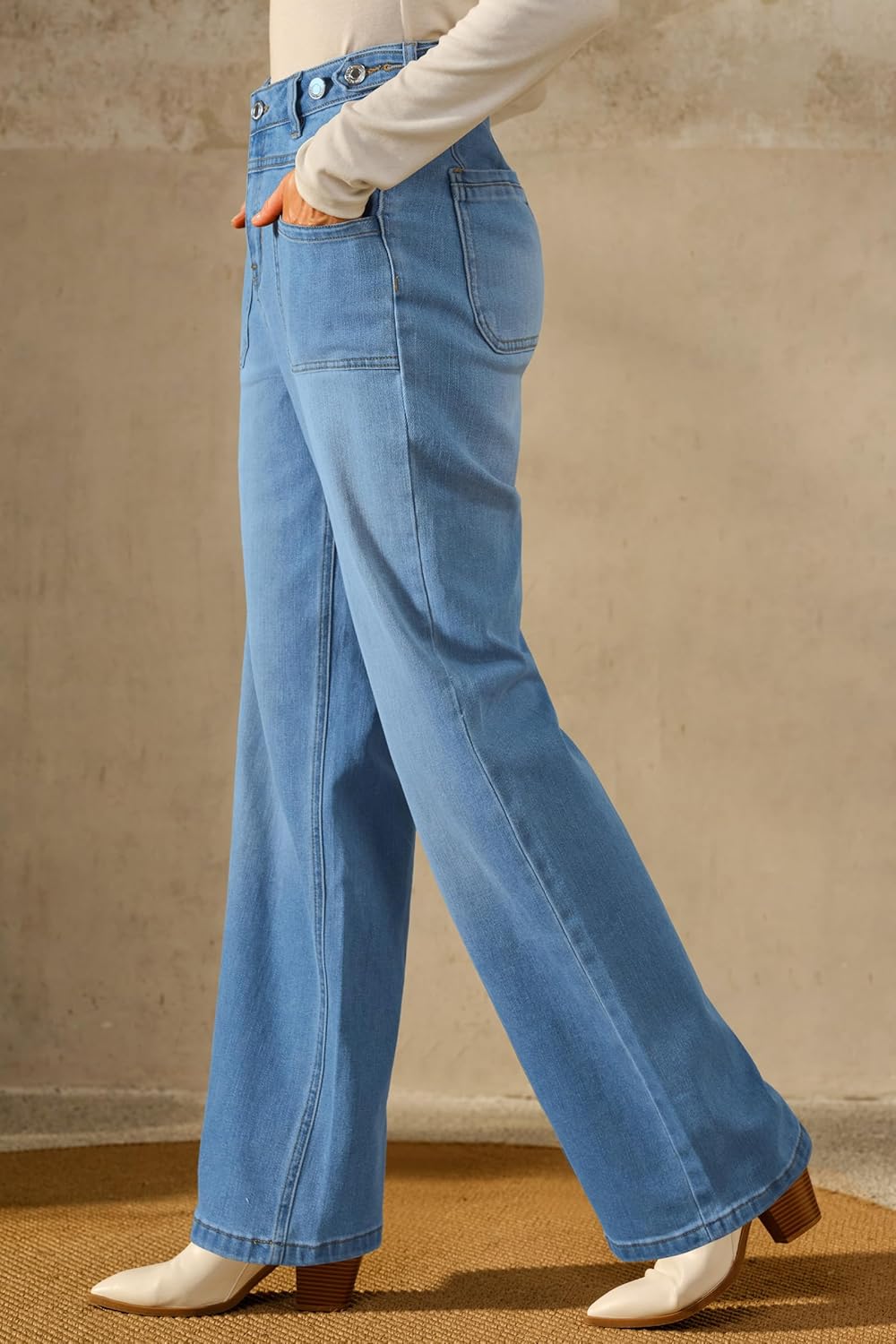 Arach&Cloz Women's Stretchy Denim Adjustable Waist Buttons High Waisted Wide Leg Jeans 2025