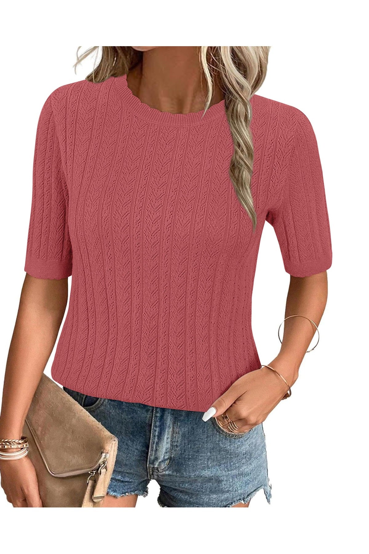 Arach&Cloz Women's Summer Fall Scalloped Lace Cuff Crewneck Tops Textured Shirts