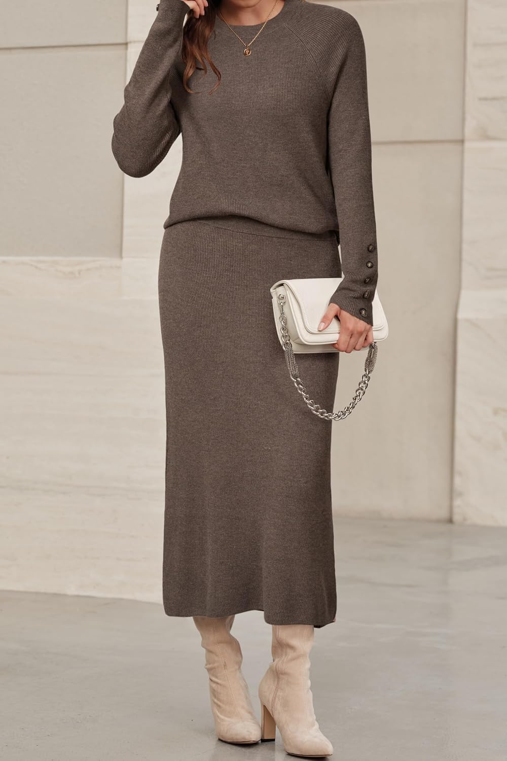 Arach&Cloz Women's Wool Blend Sweater 2 Piece Sets Winter Business Long Sleeve Top Midi Skirts Outfits 2025