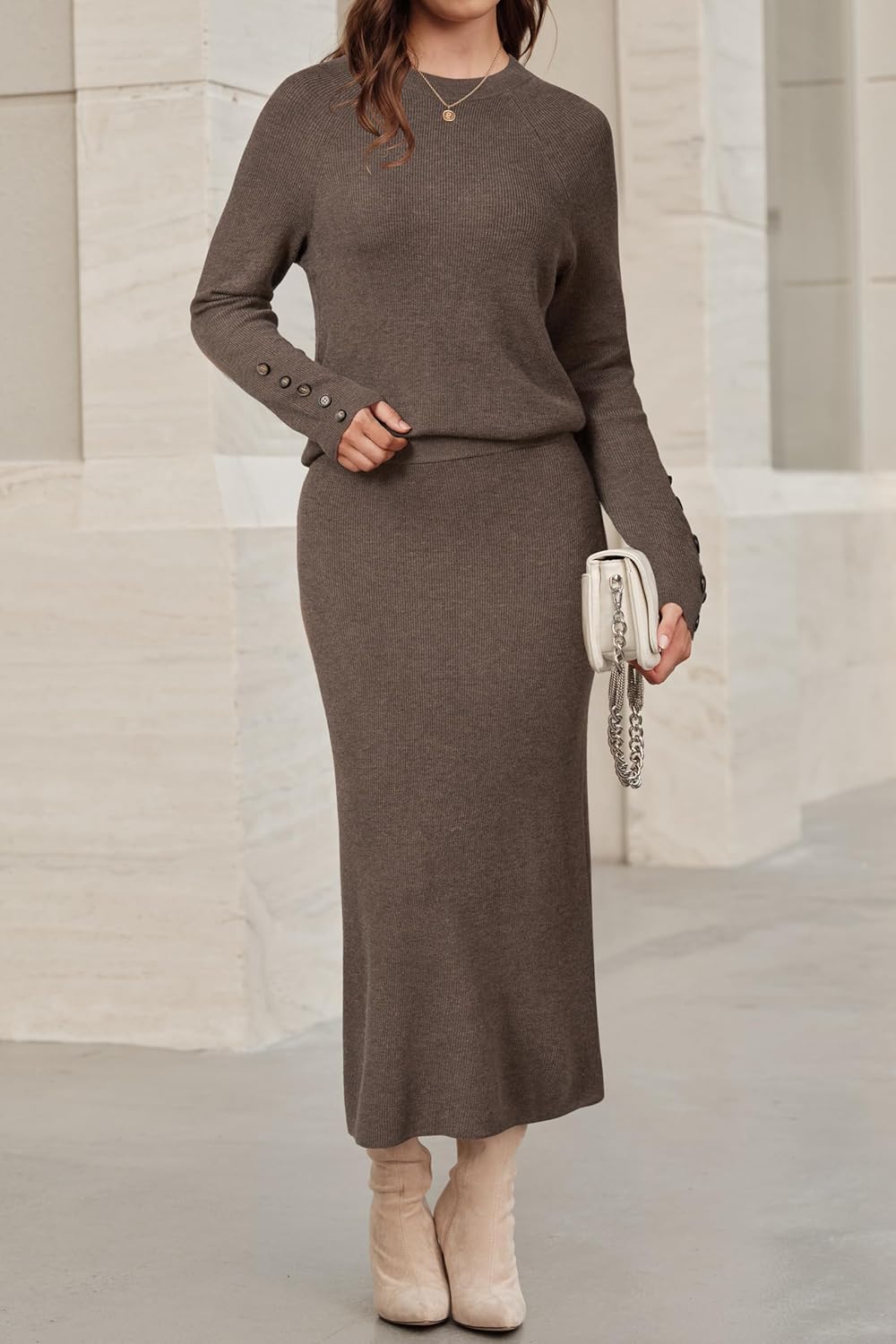 Arach&Cloz Women's Wool Blend Sweater 2 Piece Sets Winter Business Long Sleeve Top Midi Skirts Outfits 2025