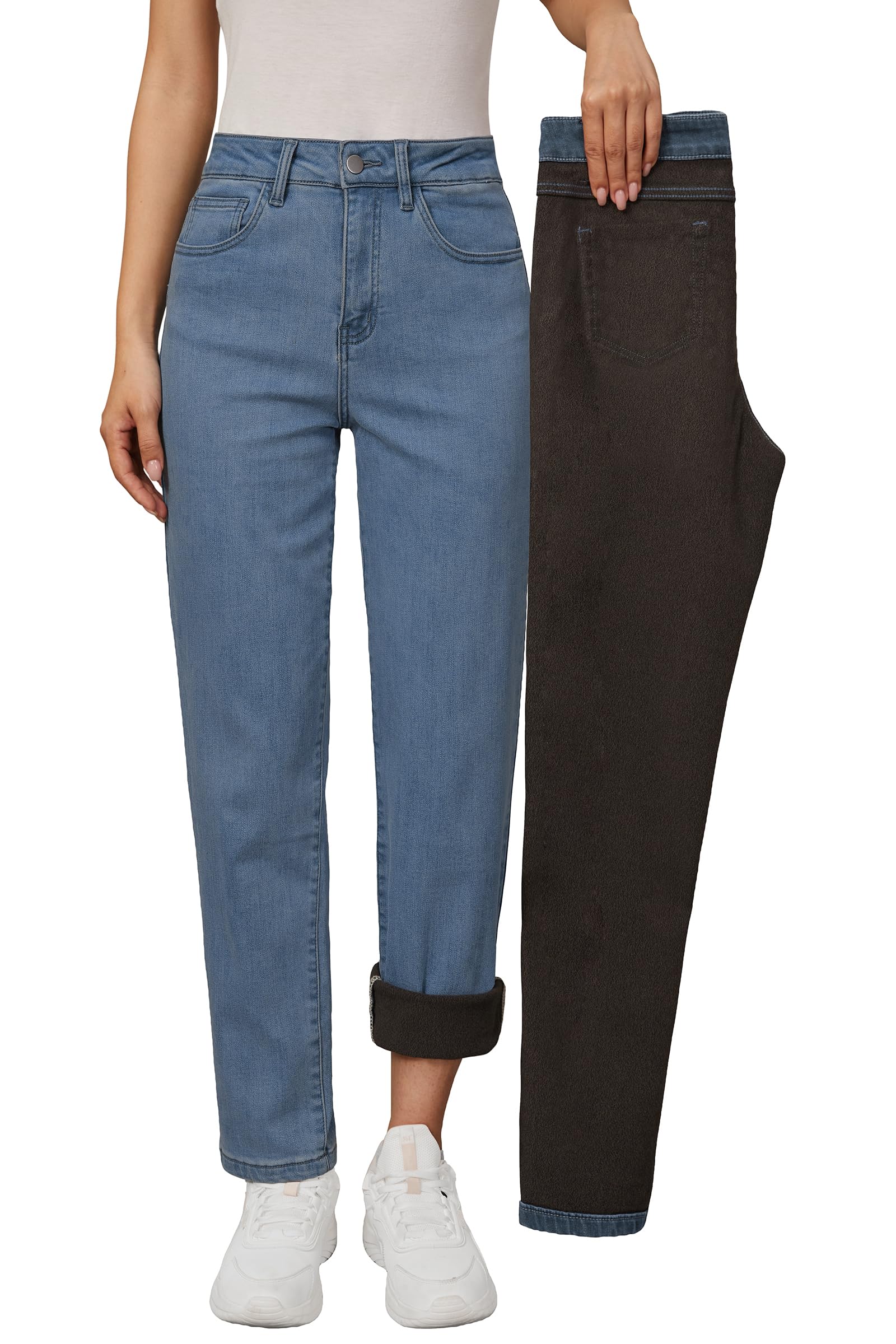 Arach&Cloz Women's Thin Fleece Lined Jeans High Waisted Stretch Warm Straight Leg Pants 2025