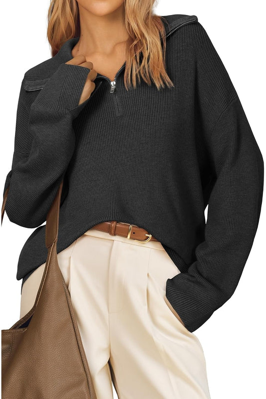 Arach&Cloz Women's Wool Blend Lapel Quarter Zip Fall Winter Trendy Casual Oversized Fit Sweater Top