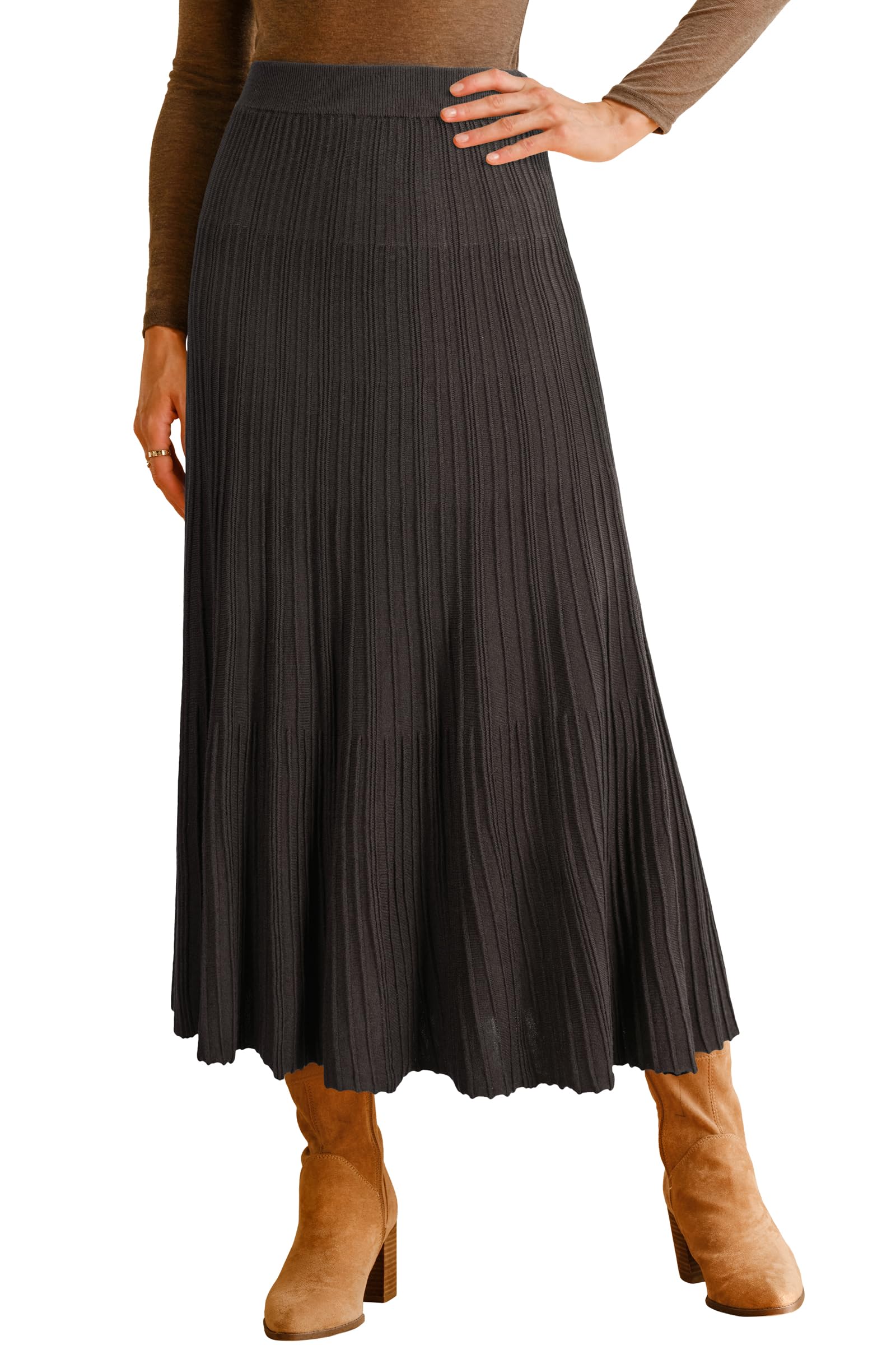 Arach&Cloz Women's Wool Blend Wide Elastic Band A-Line Pleated Flowy Long Skirts 2025