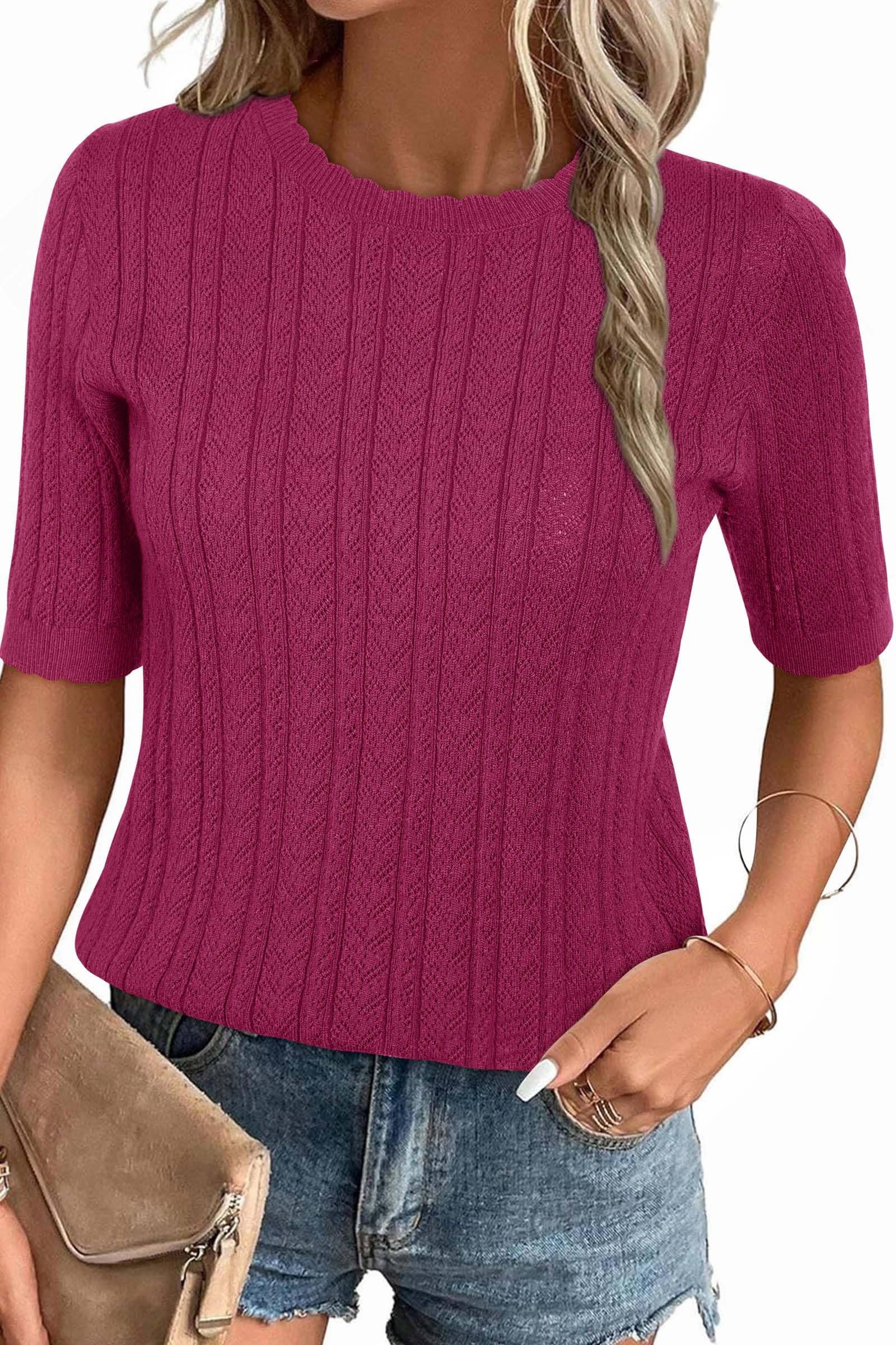 Arach&Cloz Women's Summer Fall Scalloped Lace Cuff Crewneck Tops Textured Shirts