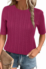 Arach&Cloz Women's Summer Fall Scalloped Lace Cuff Crewneck Tops Textured Shirts