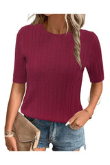 Arach&Cloz Women's Summer Fall Scalloped Lace Cuff Crewneck Tops Textured Shirts