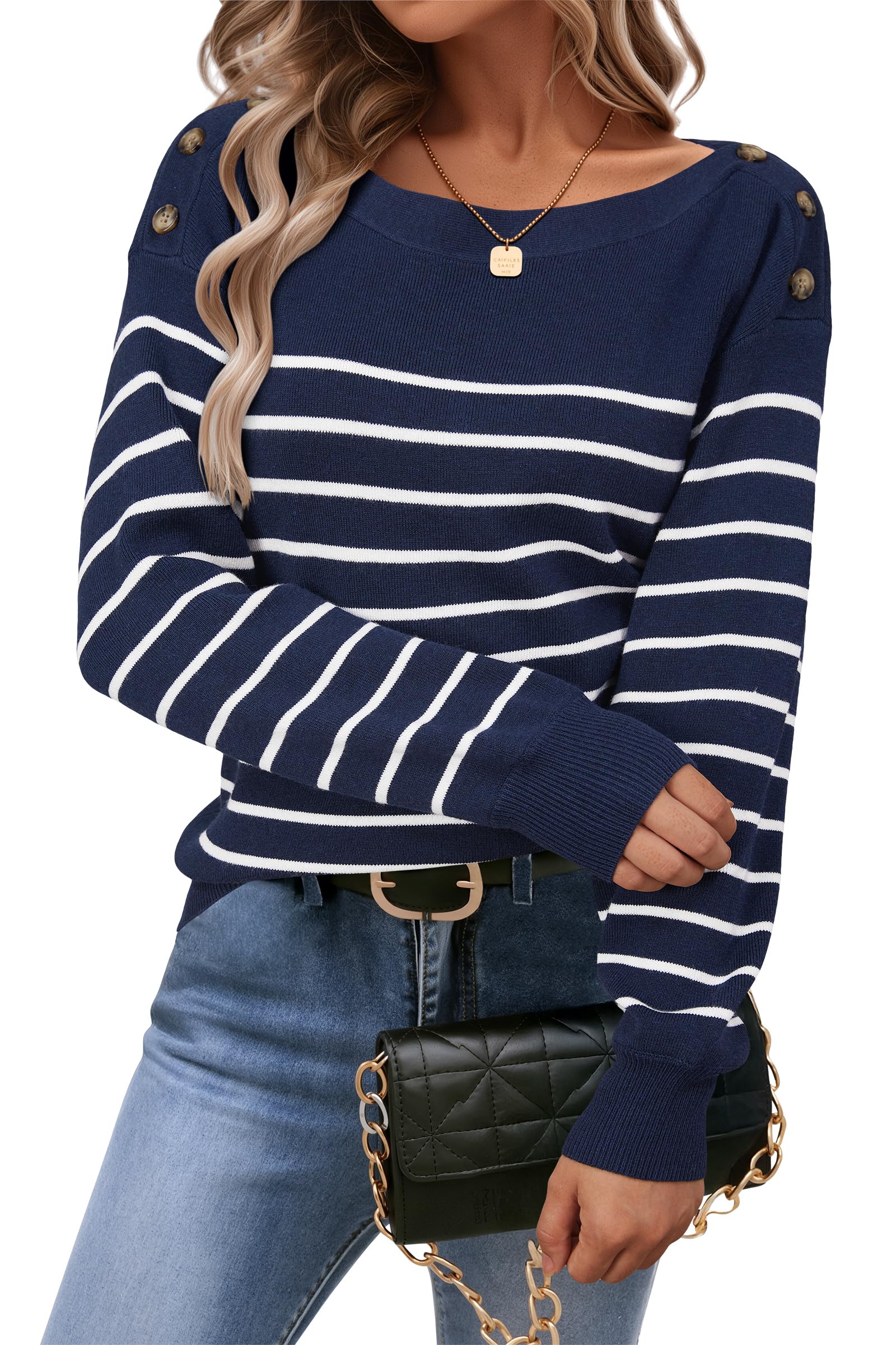 Arach&Cloz Women's Wool Blend Striped Boat Neck Fall Dressy Casual Sweater Tops 2025