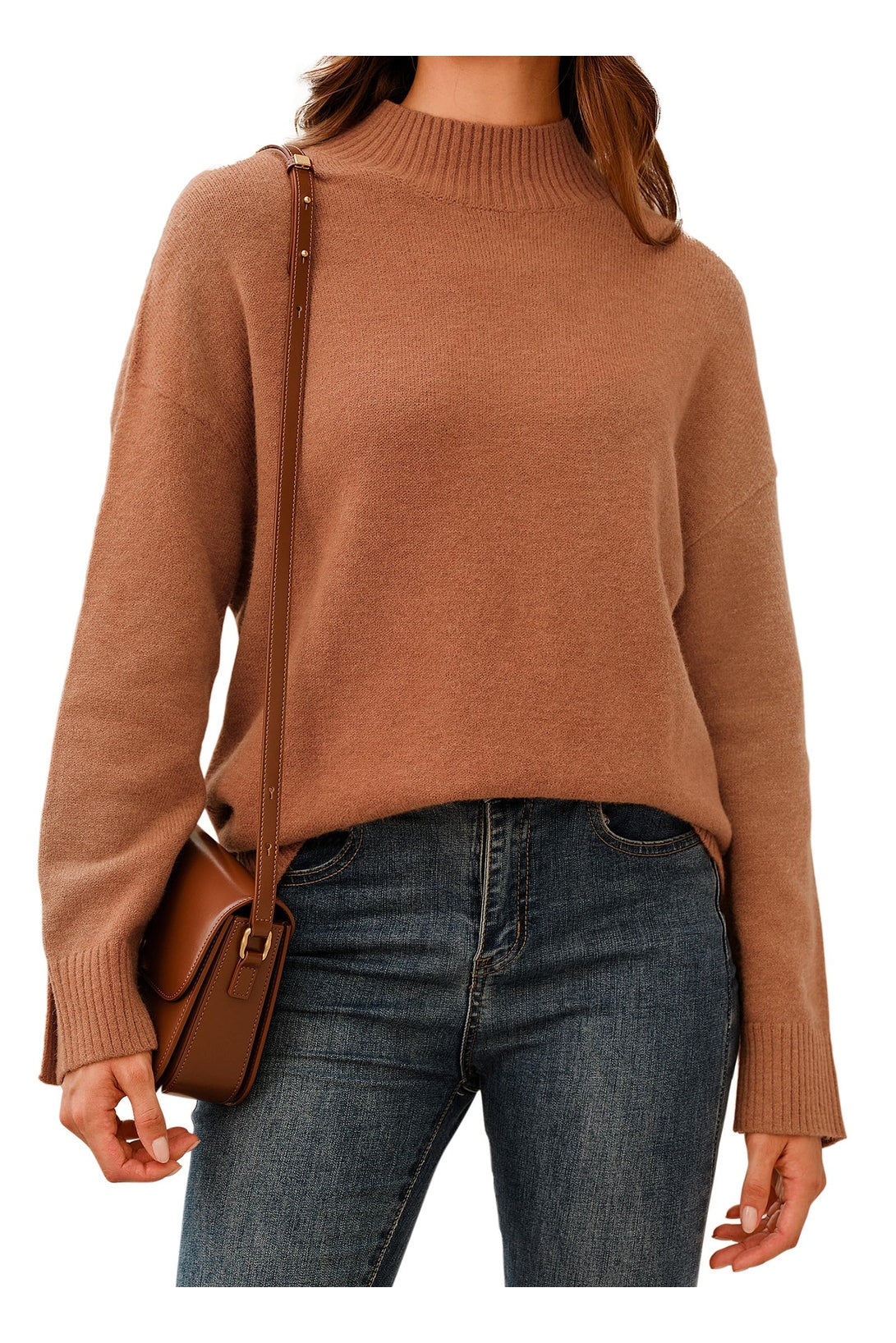 Arach&Cloz Women's Wool Blend Soft Mock Neck Casual Oversized Fall Sweater