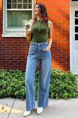 Arach&Cloz Women's Stretchy Denim Adjustable Waist Buttons High Waisted Wide Leg Jeans 2025