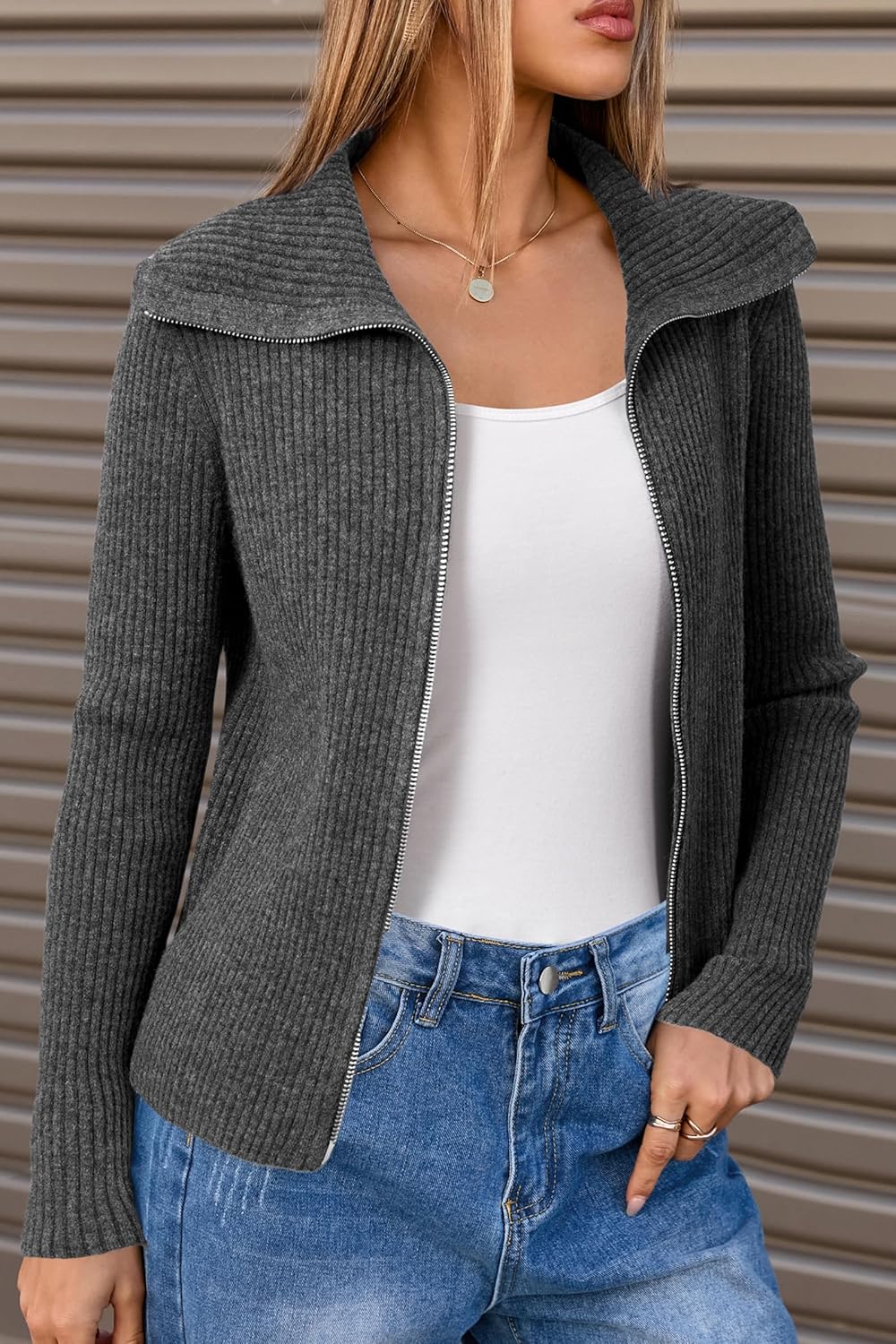 Arach&Cloz Women's Wool Blend Fall Fashion Zip Up Cardigan Sweaters 2025 Trendy