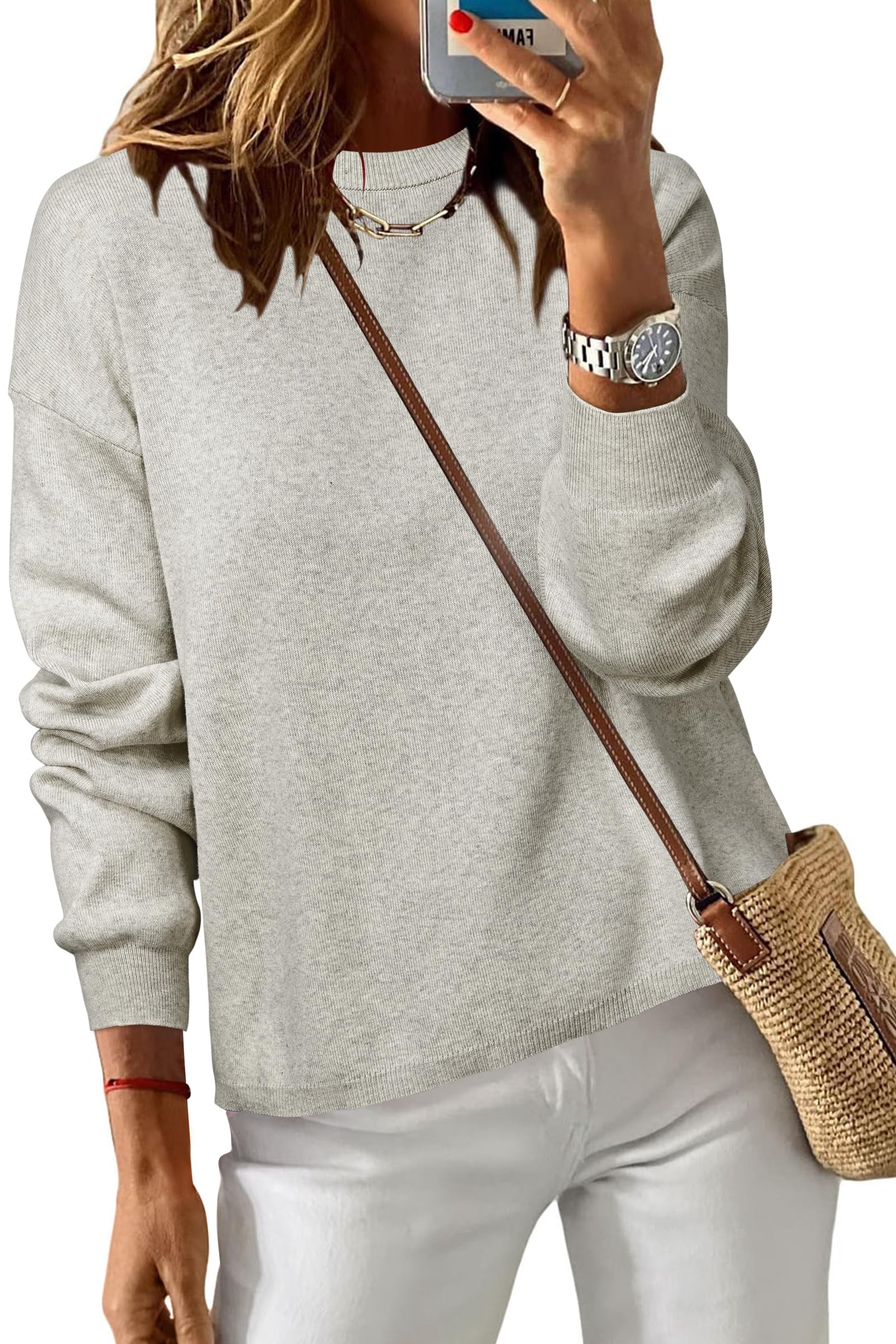 Arach&Cloz Women's 100% Cotton Crew Neck Fall Casual Relaxed Fit Sweater Tops 2025