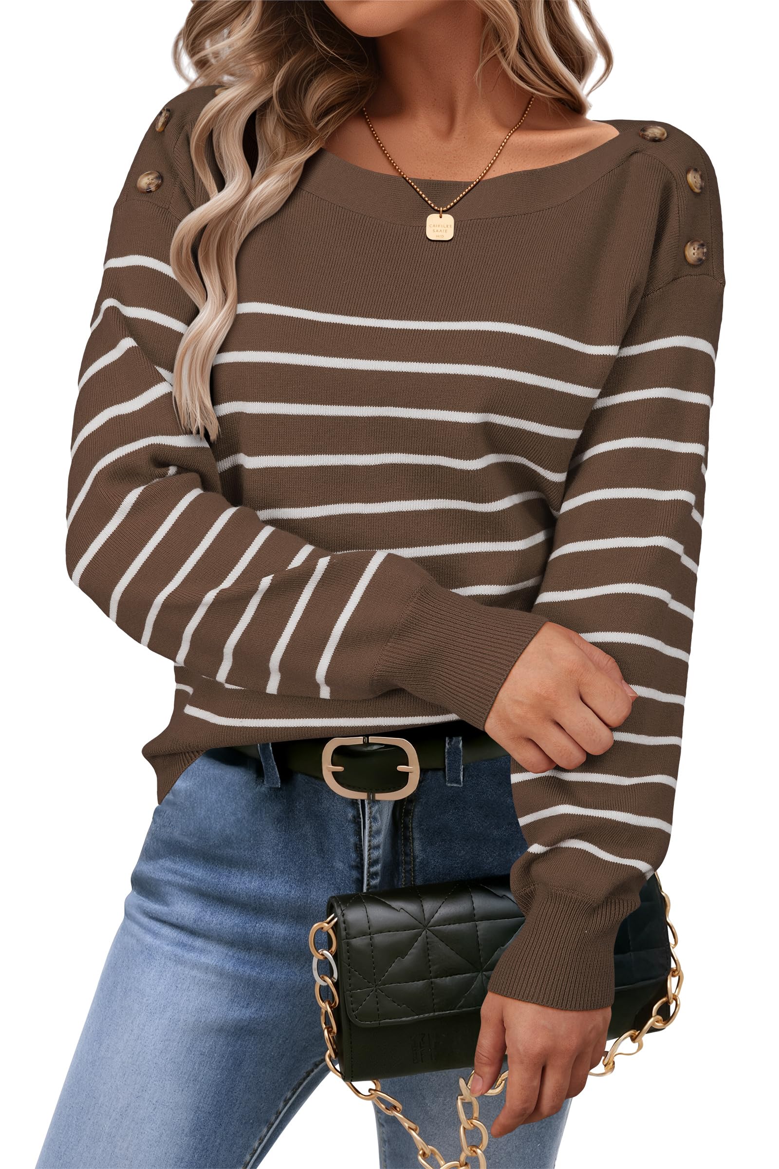 Arach&Cloz Women's Wool Blend Striped Boat Neck Fall Dressy Casual Sweater Tops 2025