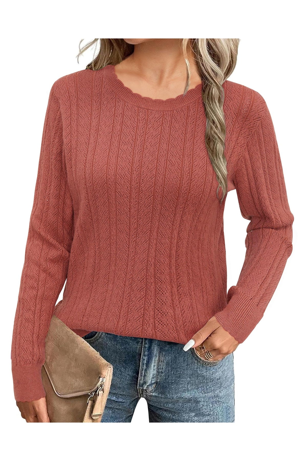 Arach&Cloz Women's Summer Fall Scalloped Lace Cuff Crewneck Tops Textured Shirts