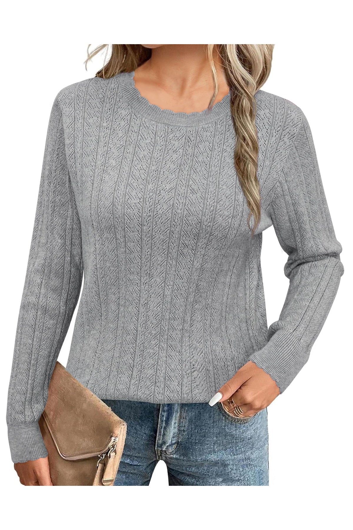 Arach&Cloz Women's Summer Fall Scalloped Lace Cuff Crewneck Tops Textured Shirts