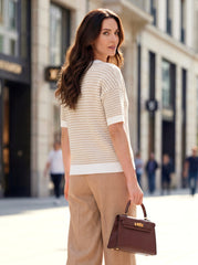 Arach&Cloz Women's 100% Cotton V-Neck Striped Short-Sleeve Polo Sweater (2026)