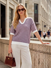 Arach&Cloz Women's 100% Cotton V-Neck Striped Short-Sleeve Polo Sweater (2026)