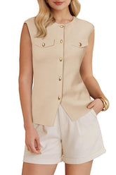 Arach&Cloz Button-Front Side-Slit Sleeveless Blazer Vest — product image 1