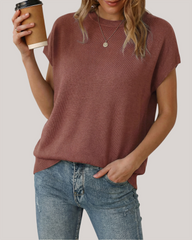 Arach&Cloz Wool-Blend Short-Sleeve Oversized Knit Top