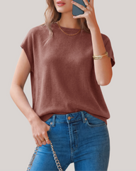 Arach&Cloz Wool-Blend Short-Sleeve Oversized Knit Top