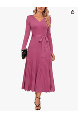 Arach&Cloz Women's Wool Blend Tie Waist Pleated Fall Sweater Dress