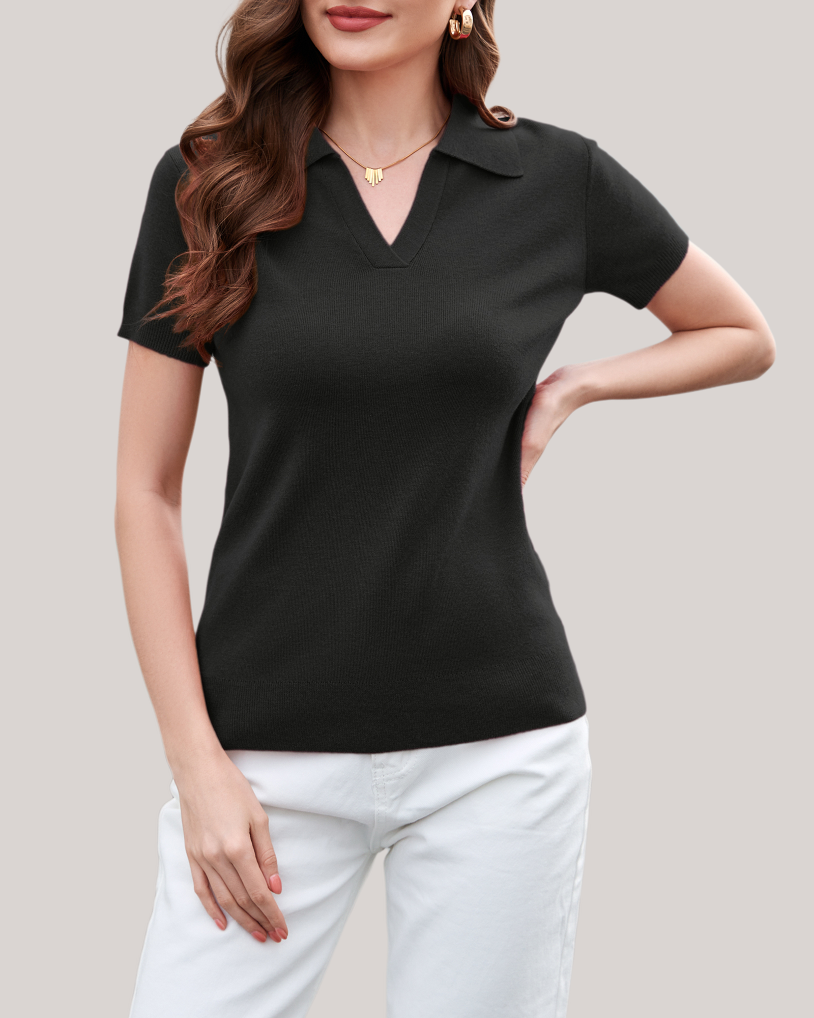 Arach&Cloz Workday Wool-Blend Polo Knit Top