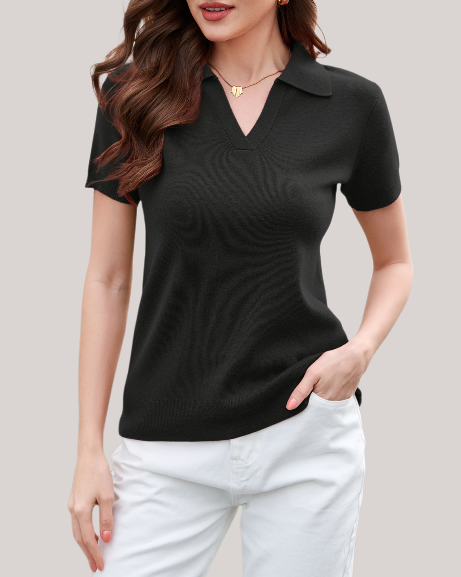 Arach&Cloz Workday Wool-Blend Polo Knit Top