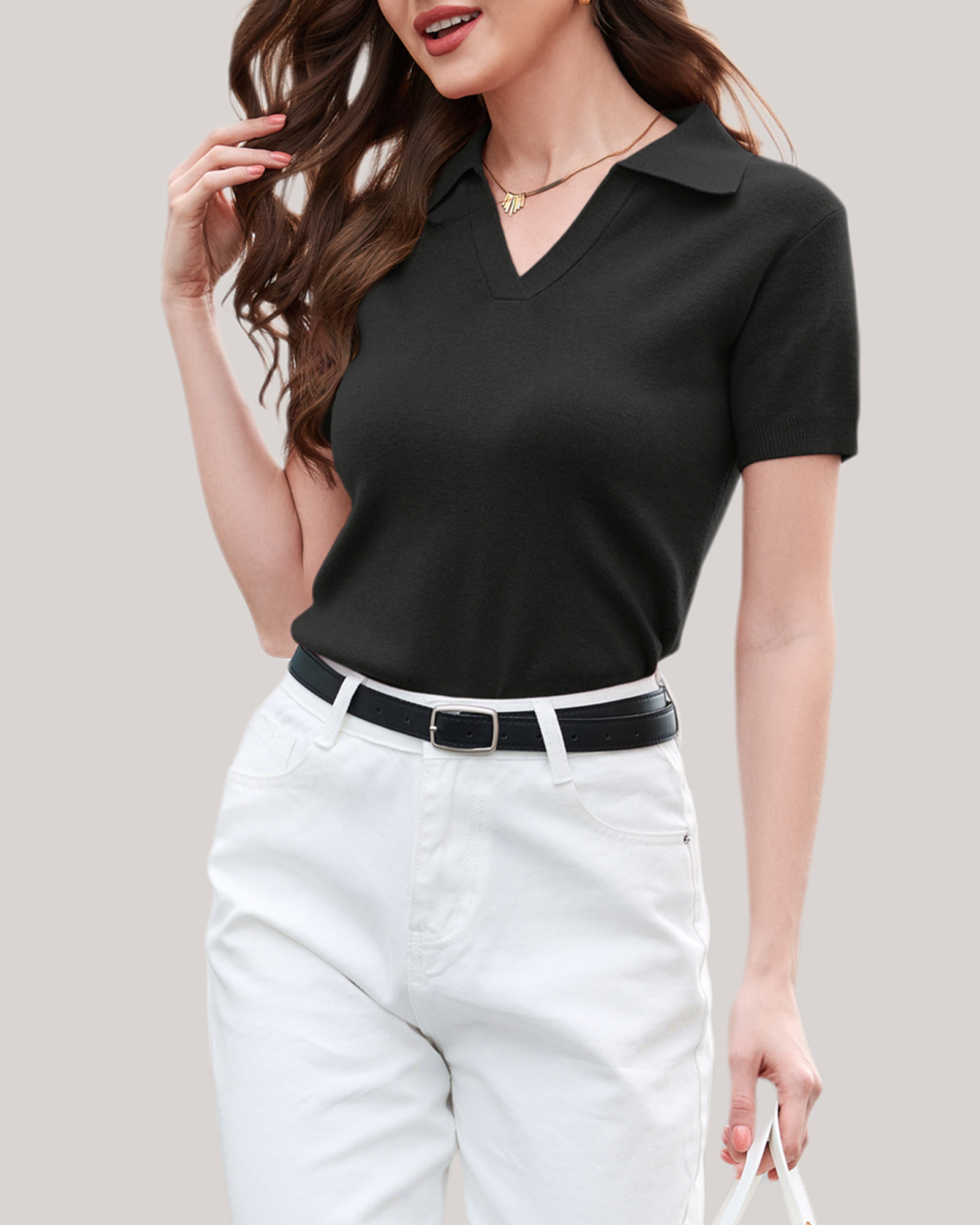 Arach&Cloz Workday Wool-Blend Polo Knit Top